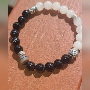 Black obsidian & white quartz crystal bracelet